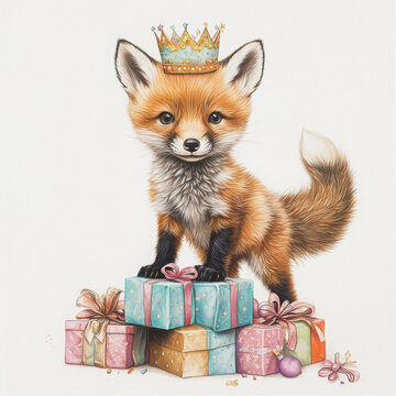 Playful fox cub with birthday crown, sitting on gift boxes feels happy