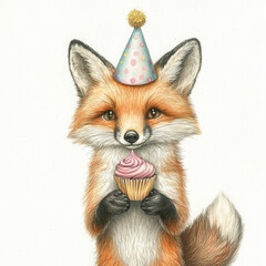 Obraz premium Whimsical fox with party hat holds cupcake, looks happy and festive