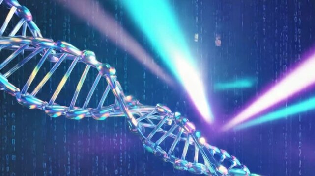 DNA Double Helix: Abstract digital art depicting a gleaming, iridescent DNA double helix, set against a backdrop of vibrant, digitally rendered light streaks and binary code.