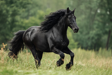 Fototapeta premium Black Horse Running in Open Field