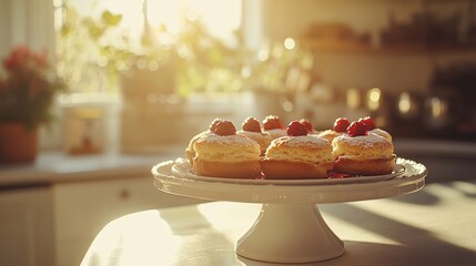 Freshly baked scones with pastel berry jam glowing in morning light