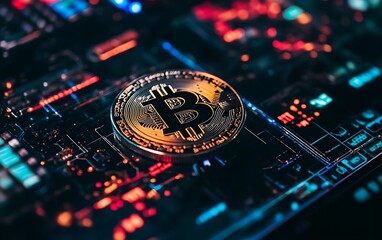 Coin on digital circuit board, lit with red and blue hues