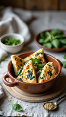 A bowl filled with spinach pie topped with fresh basil on a wooden table.