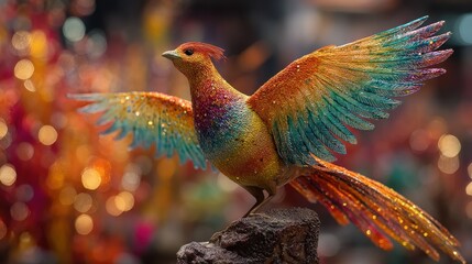 Obraz premium Rainbow phoenix bird soaring above ceramic podium fiery background intense glow effects