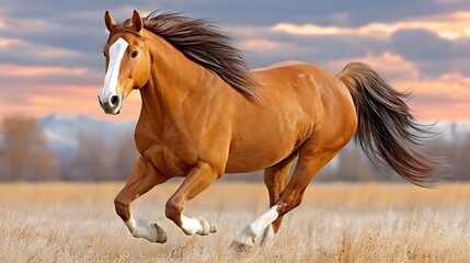 Obraz premium Majestic Chestnut Horse Galloping Across Golden Meadow Under Dramatic Sky at Sunset