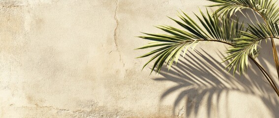 Beige wall with palm leaf shadow