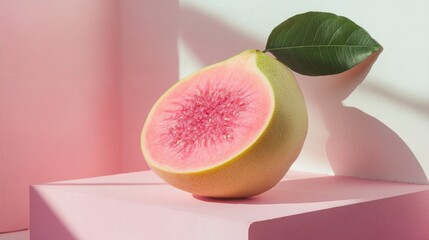 Fresh Cut Guava on Soft Pink Background with Leaf, Vibrant Colors and Tangy Fruit Display in Natural Light