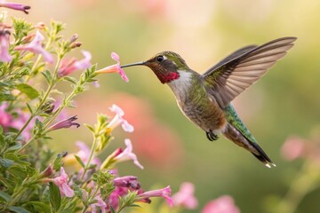 Naklejka premium Colorful Hummingbird in Flight with Pink Flower and Sunlight