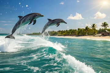 Obraz premium Dolphins Jumping Over Ocean Waves Near Tropical Beach