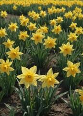 Obraz premium Sunlit yellow daffodils burst forth in a verdant field , plants, macro