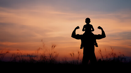 Father and Son Silhouette at Sunset, Showing Strength and Love, Silhouette of loving father walking side by side with son holding hands. 