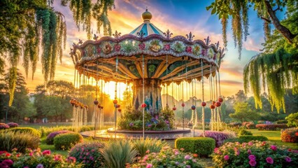 Obraz premium A whimsical carousel in a vibrant garden at sunset, bathed in golden light, surrounded by colorful flowers and lush greenery, creating a magical and enchanting scene.