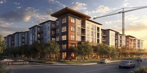 Modern multi story apartments with crane in vibrant urban setting