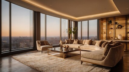 Elegant background of a luxury penthouse interior with warm golden tones and cozy upscale ambiance