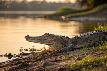 Naklejka premium Alligator Resting by Riverbank at Sunset