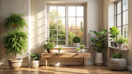 Fototapeta premium Sunlit Interior with Abundant Lush Greenery and Wooden Console Table