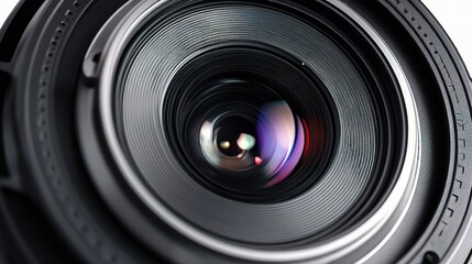 Close-Up of Camera Lens Facing Forward Isolated on White Background