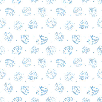 Hand-drawn whimsical seashell background, seamless vector pattern. 