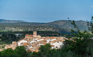 Naklejka premium Landscape with a village on background, in Bicorp, Comunidad Valenciana (Spain)