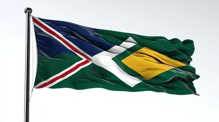 Vibrant Patriotism Flag with Blue Green Yellow White Red Colors Billowing in Wind Against Light Neutral Background Metal Flagpole Fabric Texture Realistic Photographic Style