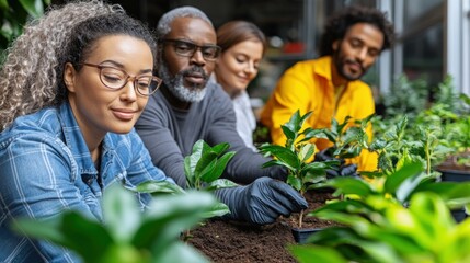 Intent gardeners nurture seedlings in a bright communal setting