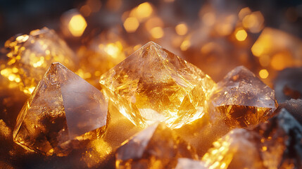Glowing amber crystals sparkle in warm light, creating mesmerizing display of beauty