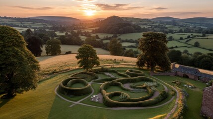 Sunrise over a meticulously designed garden with winding hedges. Lush green landscapes, rolling hills, and a tranquil atmosphere