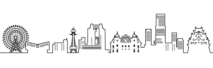 高層ビルと城のある日本の街並みのイラスト、大阪（モノクロ線画）