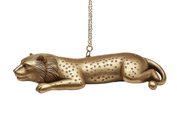 Obraz premium Golden lion sculpture with intricate star design, lying gracefully on a chain, perfect for decorative purposes in contemporary art or home decor settings