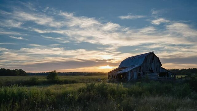 Gen-4 Slow ascending drone shot lifting up from the overgrown grasses to reveal the decaying barn, gentle warm breeze sounds, moody rural ambiance 263235571