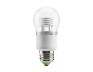 Close up of a clear light bulb with a silver base on a  transparent background png