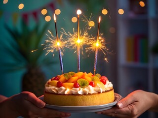 Colorful Birthday Cake with Sparklers and Fresh Fruit Toppings