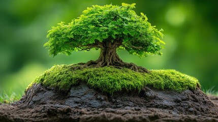 Miniature tree atop mossy earth a peaceful green scene