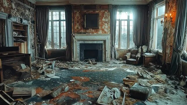 Abandoned grand room filled with debris and broken furniture.