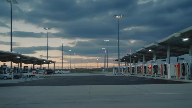 Gen-4 Slow lateral tracking shot of fleet vehicles charging, canopy lights flickering slightly, faint humming of chargers, cinematic 10-second loop 1803636834