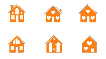 Fototapeta premium Orange house icons; love, home, family, design, illustration; website, card