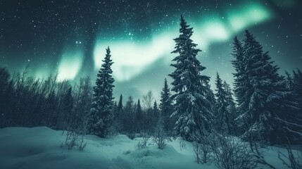 Majestic northern lights dance over a frosted forest.