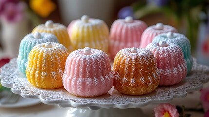 Mini pastel bundt cakes dusted with icing sugar