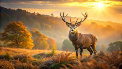 Majestic Stag Silhouetted Against a Vibrant Autumnal Sunrise in a Serene Woodland Landscape