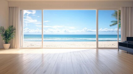 Fototapeta premium Modern minimalist interior with large window showcasing a stunning beach view, blue ocean, sandy shore, bright daylight, white walls, wooden floor, elegant plant