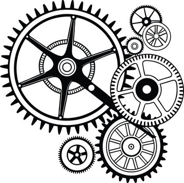 Black and White Interlocking Gear System Illustration