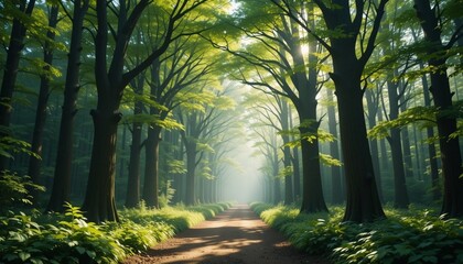 Sunlight Filtering Through Green Forest Trees on a Peaceful Path – 8k Nature Background.