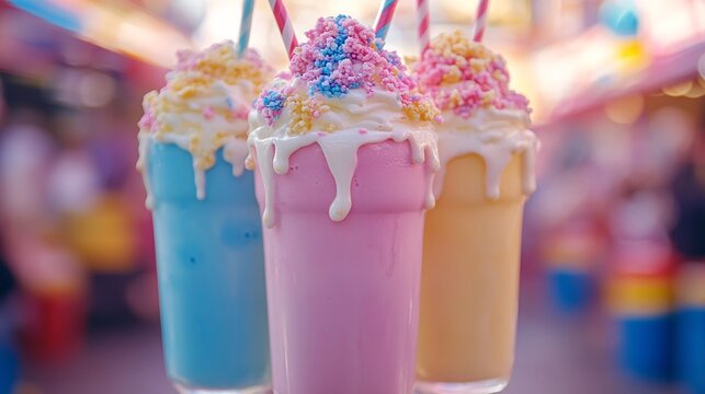 Pastel milkshakes with candy floss tops at a summer fair