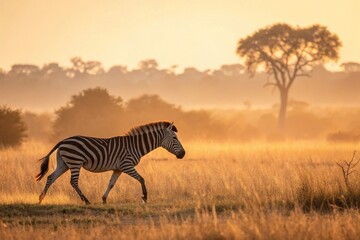 Naklejka premium Zebra Walking Through African Savannah at Golden Sunrise