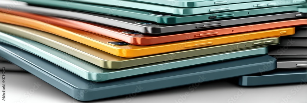 Aufkleber stack of smartphones showcasing diverse colors and angles on display in a modern showroom setting