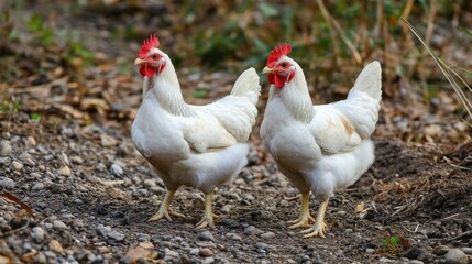 Two white hens standing side-by-side on gravel ground.