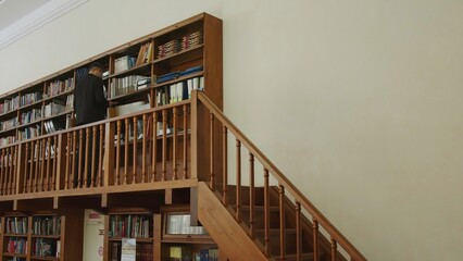 A Dedicated Librarian Methodically Organizing Books within a Cozy and Inviting Library Setting....