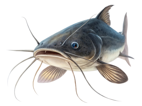 1 large black catfish isolated on a white background.