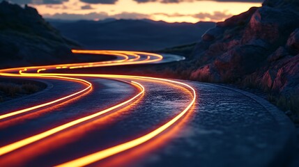 Winding Road with Night Lights, and Mountain.