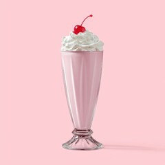 Pink milkshake with cherry topping on white background